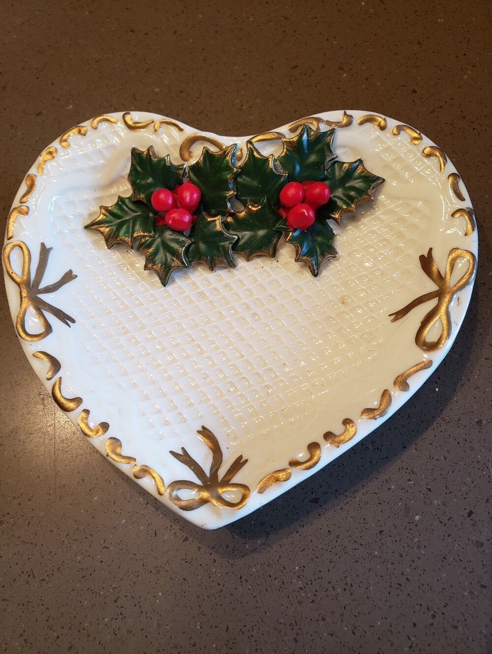 Vintage heart shaped trinket dish with Holly